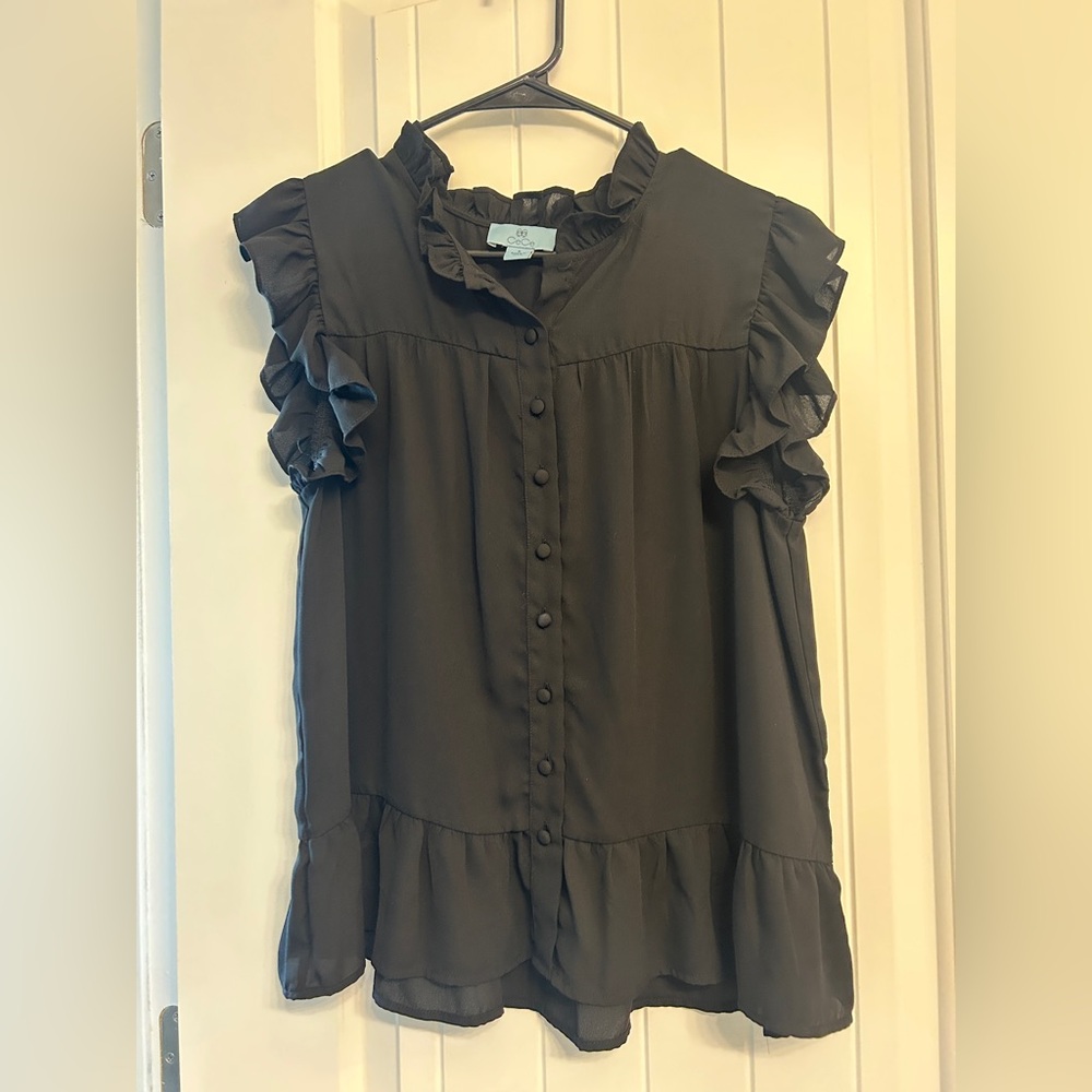 CeCe Ruffled Button-Down Blouse in Black
